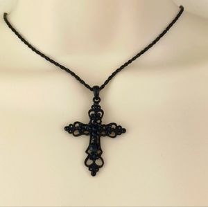 Black Rhinestone Cross & Chain Pendant  Necklace